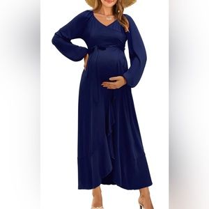 Navy Maternity Tie Waist Midi/Maxi Dress